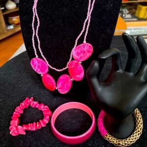 Magenta Pink Beaded statement necklace and 3 matching bracelets